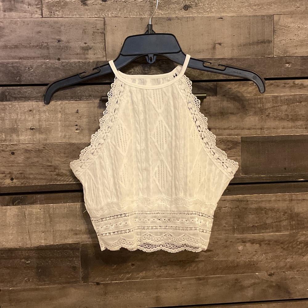 White Crochet-Trim Halter Crop Top